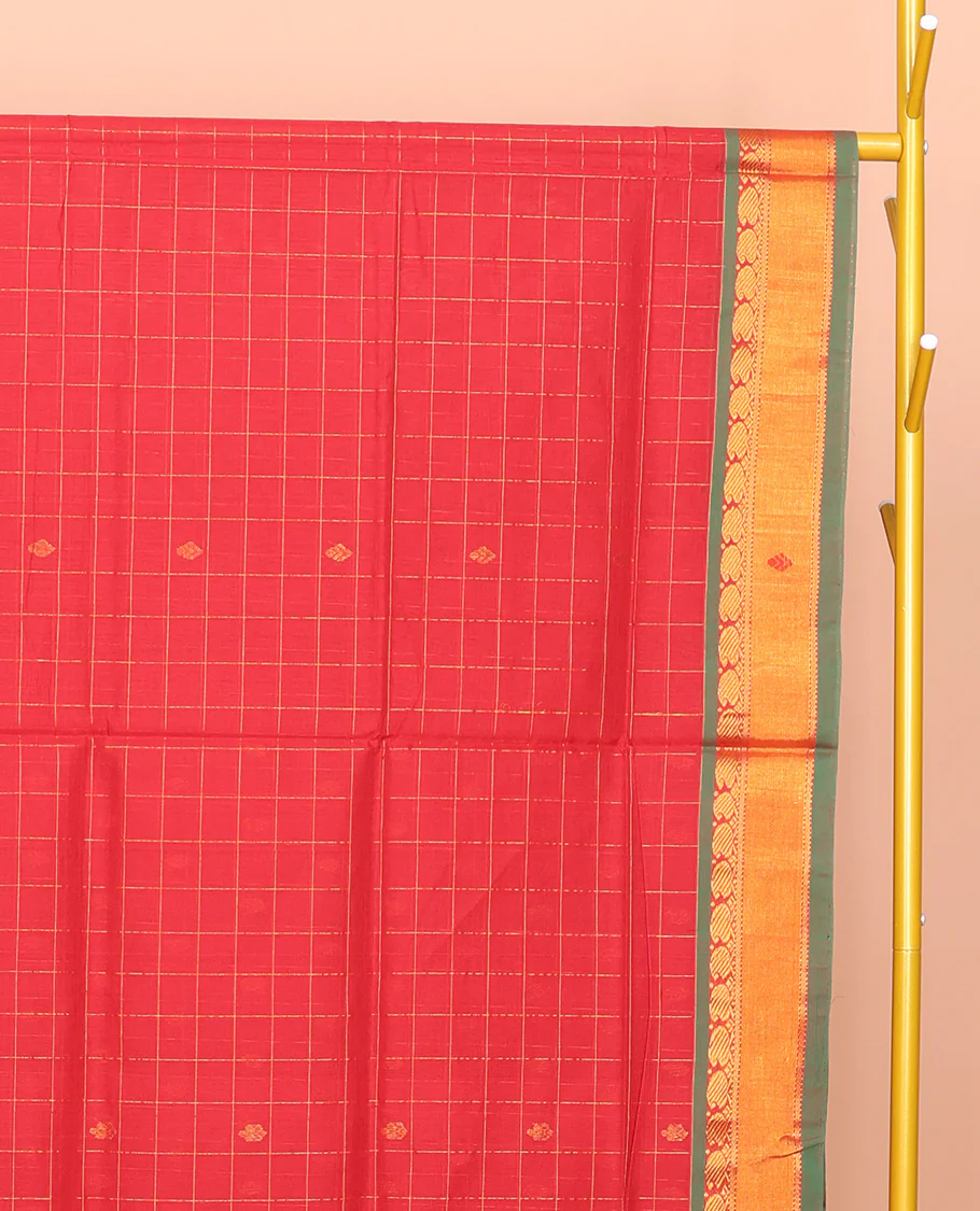 Red Venkatagiri Cotton Saree Features Buttas and Checks, a Contrast Traditional Zari Border, Pallu of Stripes, and No Blouse - Image 3