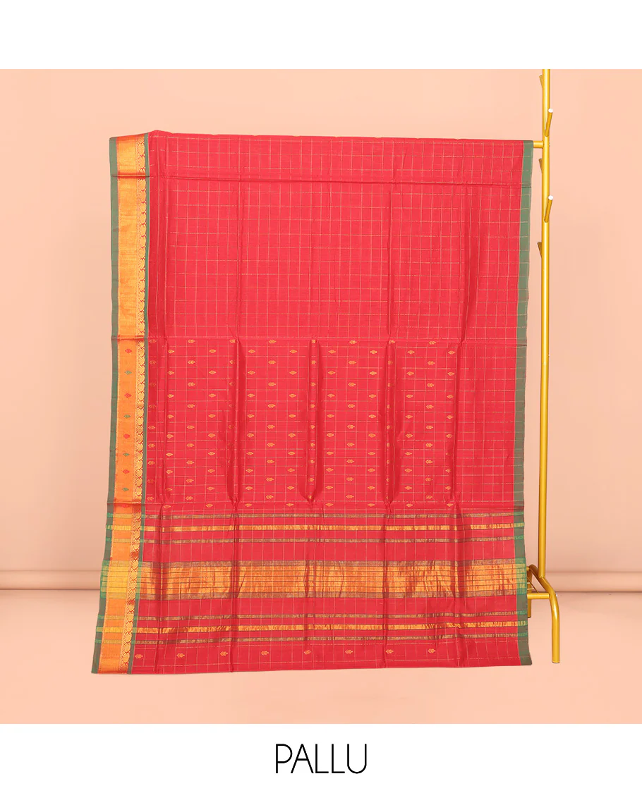 Red Venkatagiri Cotton Saree Features Buttas and Checks, a Contrast Traditional Zari Border, Pallu of Stripes, and No Blouse - Image 4