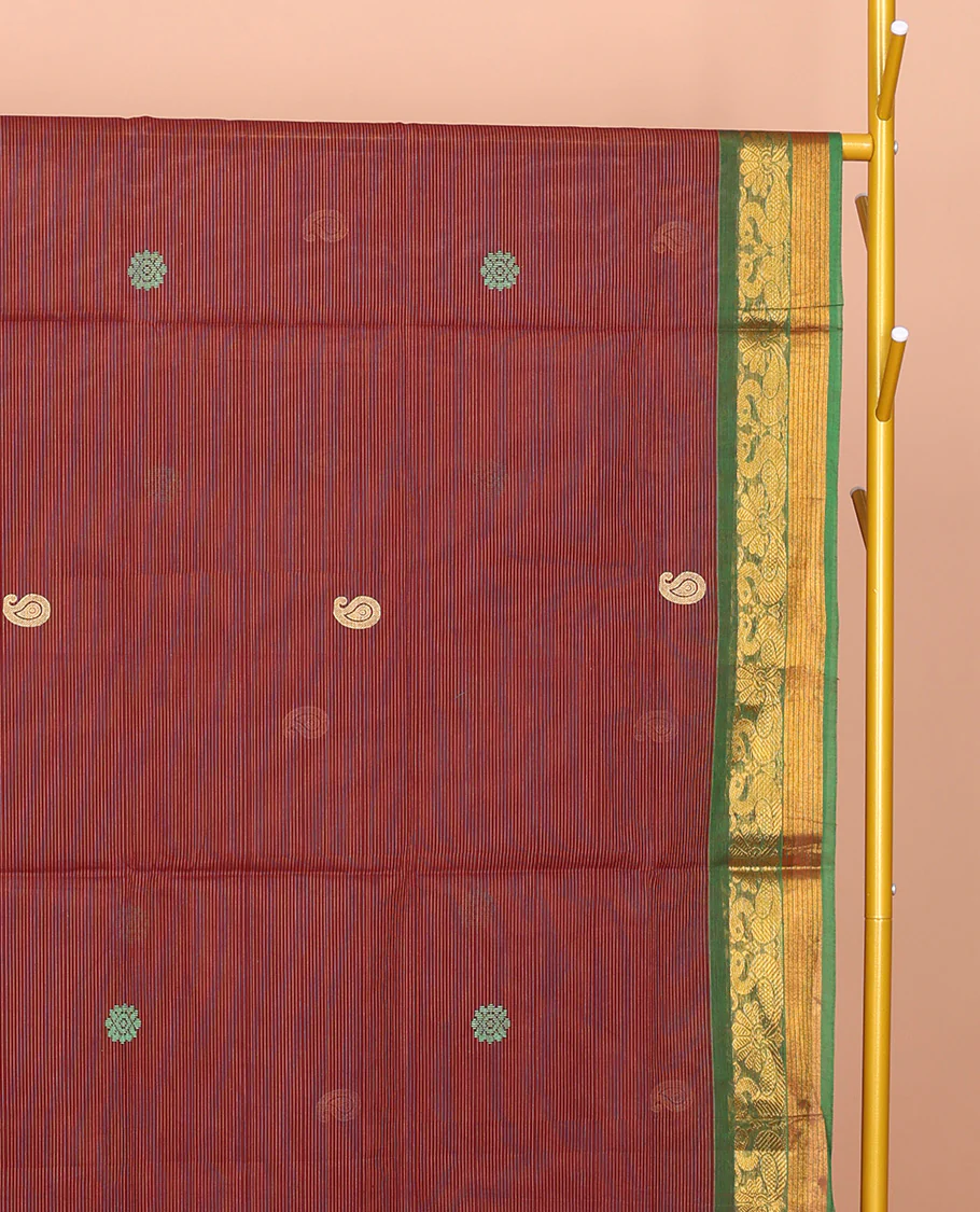 Red Venkatagiri Cotton Saree, Subtly Woven with Buttas, a Contrast Traditional Zari Border, Pallu of Buttas and Stripes, and No Blouse - Image 2