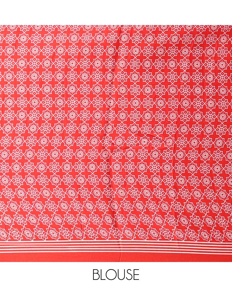 Red vertical lining design modal satin saree with remple printed border & big circle design pallu along with printed blouse - Image 2