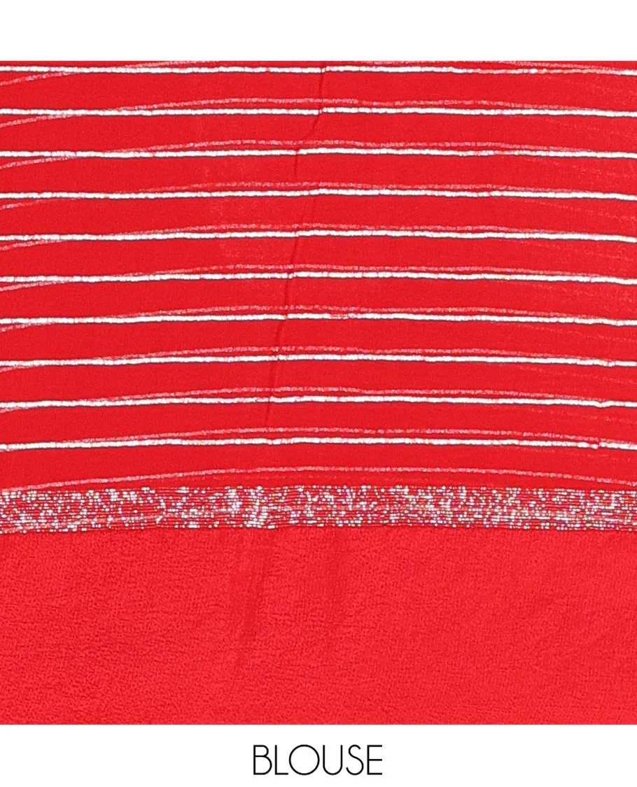 Red Viscose Georgette Saree Gleamed with Horizontal Golden Zari Stripes All Over Its Body, Accentuated by a Satin Plain Border, a Self Pallu Featuring the Same Horizontal Stripes, and Paired with a Running Blouse - Image 3