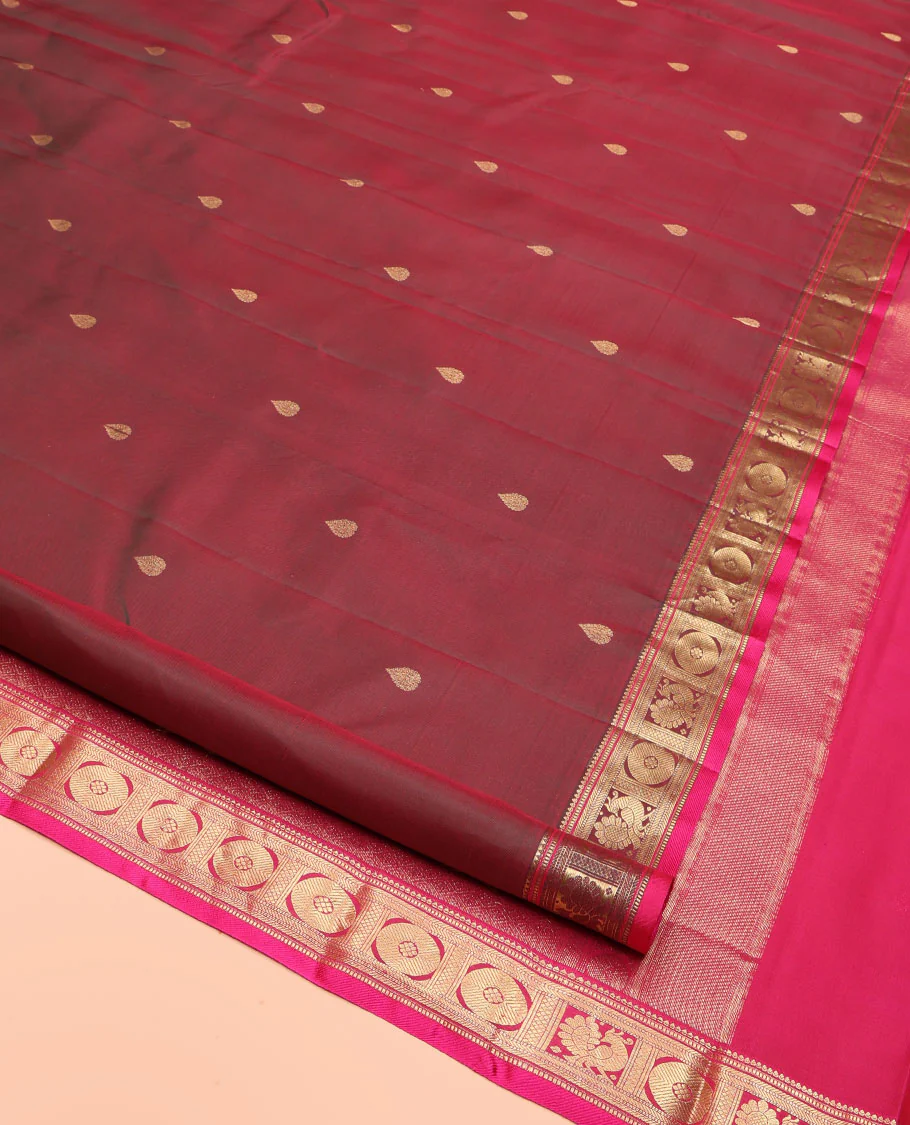 Red Wine Kanchipuram Silk Saree, Adorned with Thilakam Buttas All Over Its Body, Complemented by a Contrast Border of Rekku, Muthu, Banaras, Mayil, and Chakram Designs, Grand Jaal Pallu, and Paired with a Contrast Blouse - Image 2