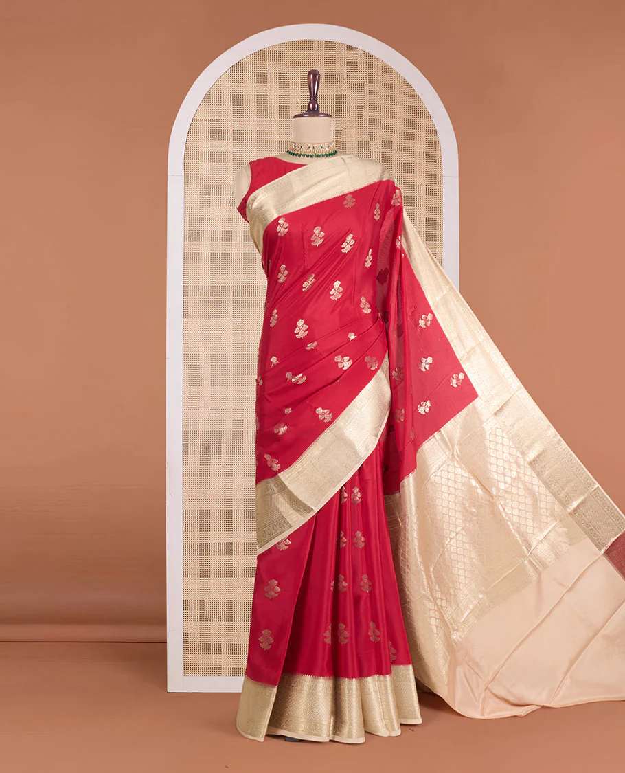Red zari buttas and checked Mysore silk saree, traditional zari design border, and zari design pallu - Image 2