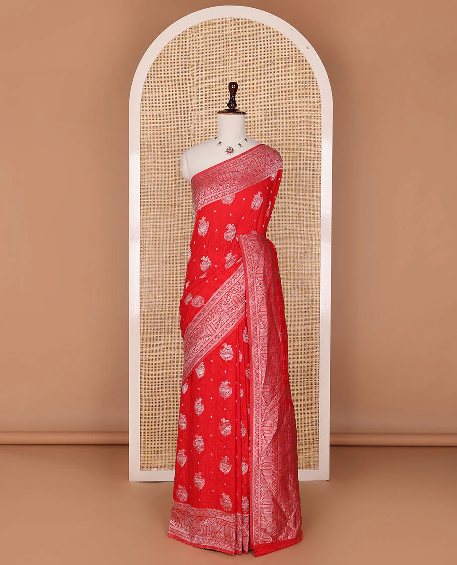 Red zari buttas fancy crepe saree, traditional zari border & intricate pallu