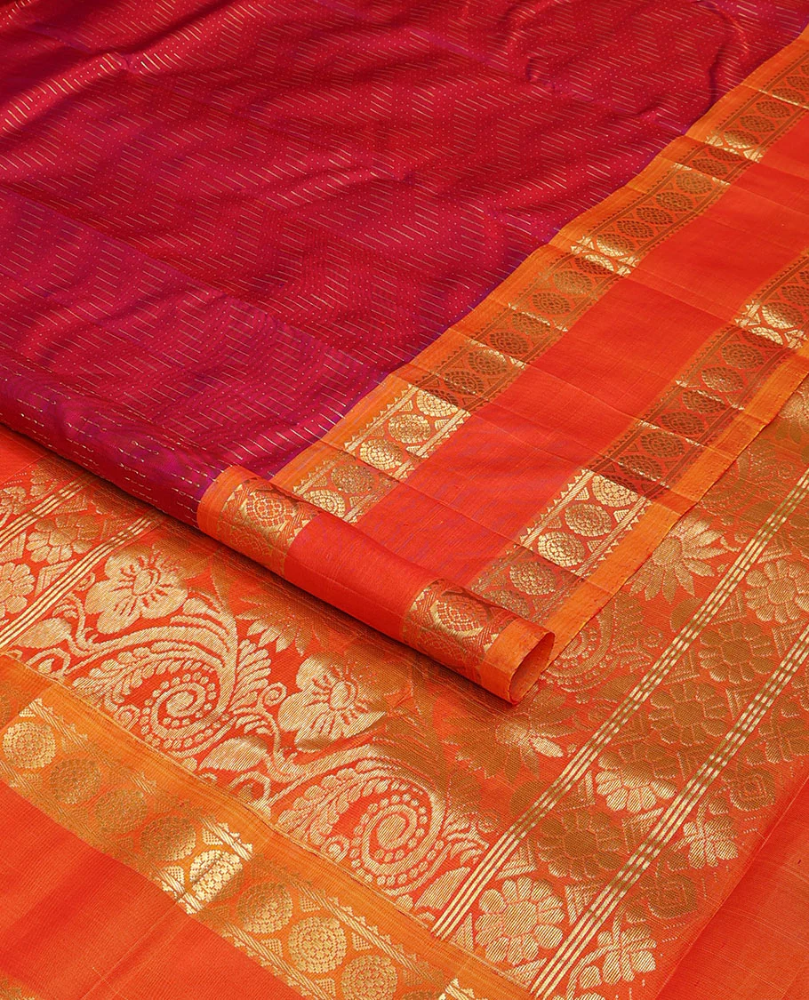 Red zari buttas Kanchipuram silk saree, contrast rettai pettu one-sided border of rekku,banaras & chakram designs & floral design pallu - Image 2