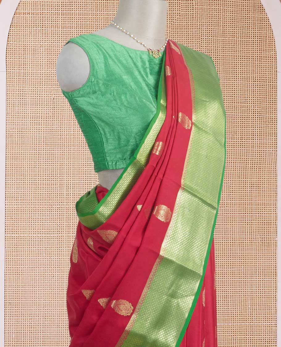 Red zari buttas Mysore silk saree, contrast traditional zari border, and pallu of diagonal stripes and geometric patterns in zari - Image 3