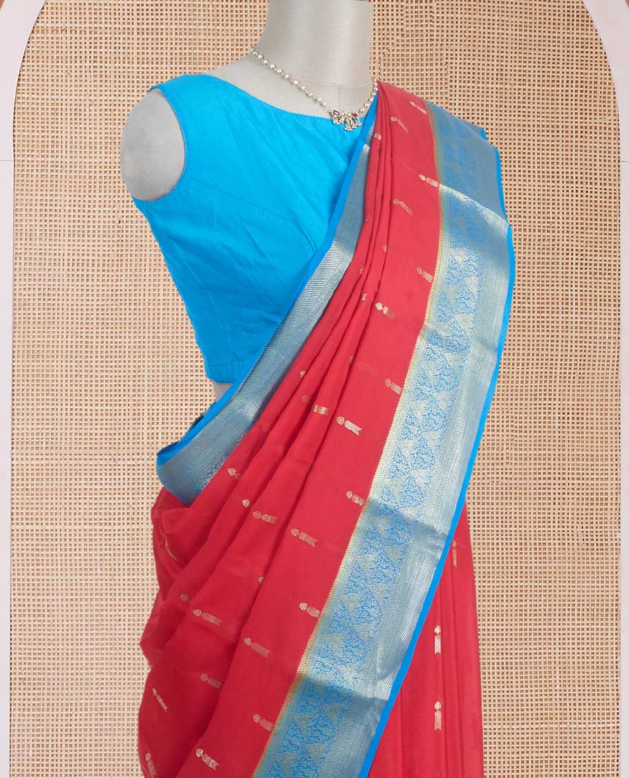 Red zari buttas woven Mysore silk saree, contrast gleaming zari intricate motifs woven border, and zari rich pallu - Image 3