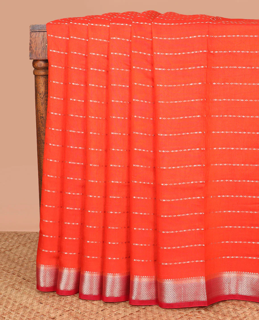 Red zari striped assam silk saree, contrast traditional zari design border, and zari design pallu