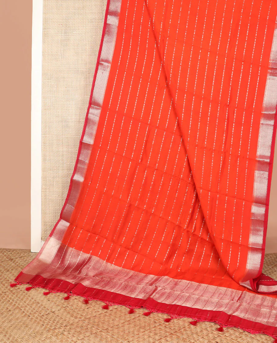 Red zari striped assam silk saree, contrast traditional zari design border, and zari design pallu - Image 2
