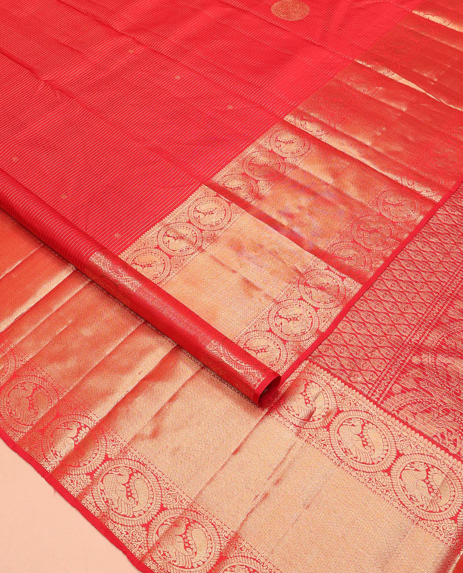 Red zari stripes and buttas Kanchipuram silk saree, zari border of thilakam, paisa, round mayil, and mayil kann designs, and jaal pallu - Image 2