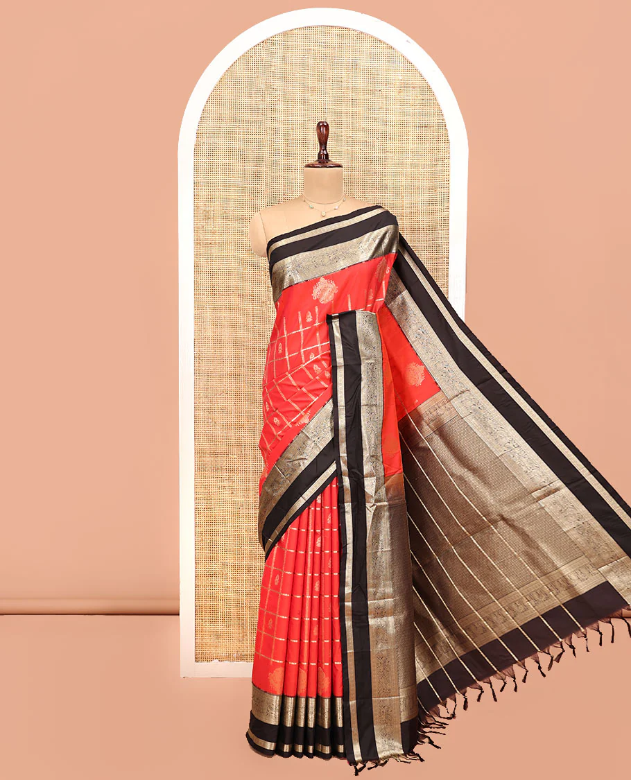 Reddish Orange Budget Silk Saree, Adorned with Jhumka Butta Enclosed Checks, Contrast Traditional Zari Rettai Pettu Border, Grand Pallu, and a Contrast Blouse - Image 5