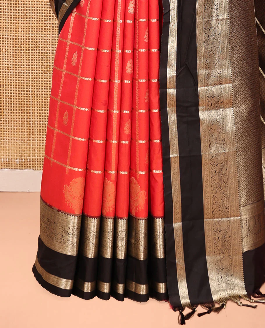 Reddish Orange Budget Silk Saree, Adorned with Jhumka Butta Enclosed Checks, Contrast Traditional Zari Rettai Pettu Border, Grand Pallu, and a Contrast Blouse - Image 7