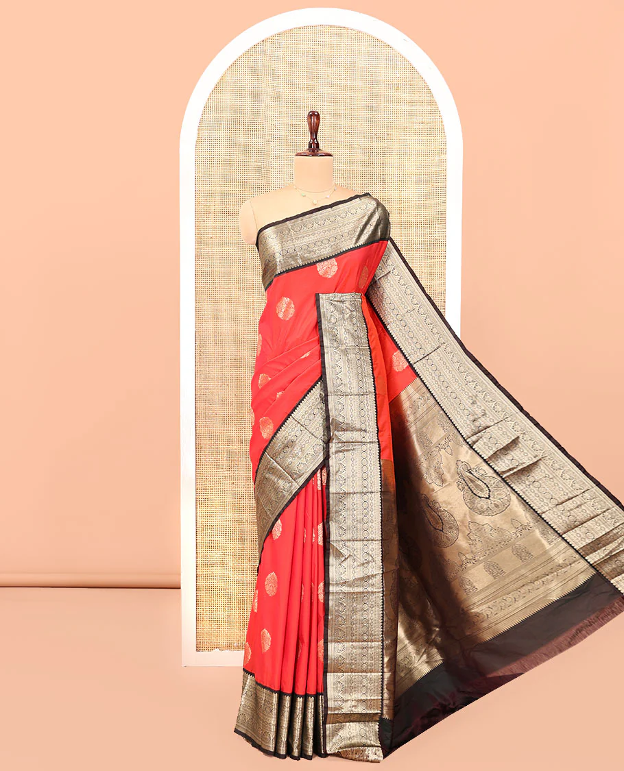 Reddish Orange Budget Silk Saree,Enriched with Floral Zari Buttas,Complemented by a Contrast Traditional Zari Design Border,Grand Pallu, and a Contrast Blouse - Image 3