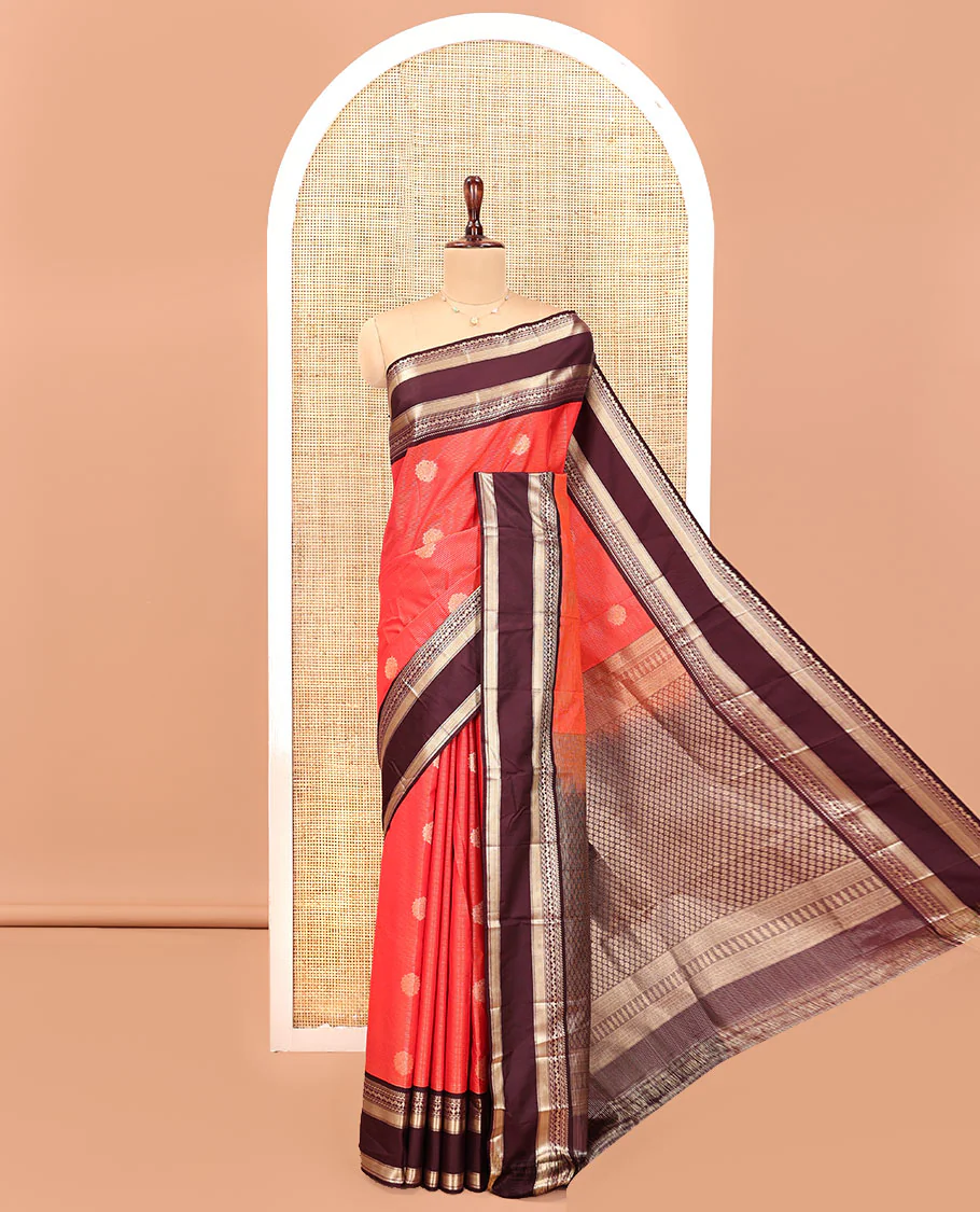 Reddish Orange-Coffee Brown Budget Silk Saree features Buttas and Vaira Oosi,Contrast Traditional Zari Rettai Pettu Border,Grand Pallu,and Contrast Blouse - Image 3