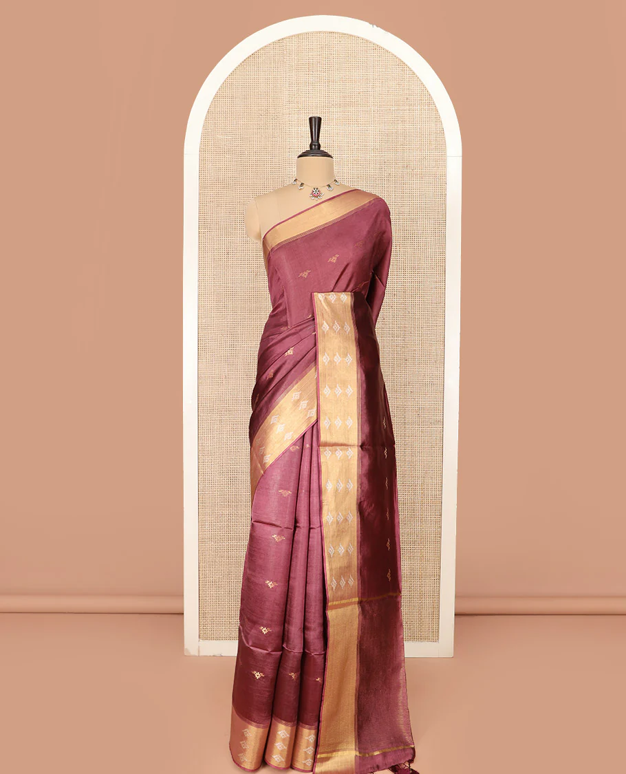 Redwood Color Banana Pith Saree Highlighted with Zari Buttas, Subtly Woven Piping Border, Pallu of Zari Stripes, and Paired with a Matching Plain Blouse - Image 3