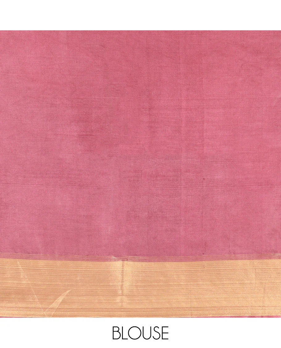 Redwood Color Banana Pith Saree Highlighted with Zari Buttas, Subtly Woven Piping Border, Pallu of Zari Stripes, and Paired with a Matching Plain Blouse - Image 5