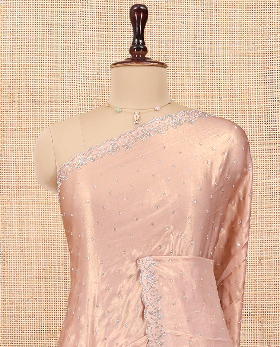 Rose Gold  Designer Saree, Gleamed up with Stone Struck All Over Its Body, Scallop Stone Embroidered Border, and Heavy Embroidered Matching Blouse - Image 2