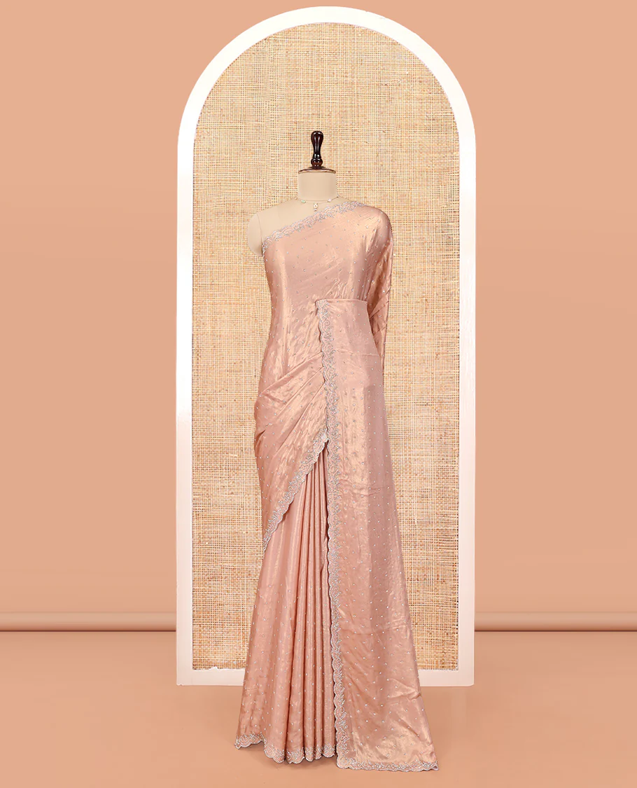 Rose Gold  Designer Saree, Gleamed up with Stone Struck All Over Its Body, Scallop Stone Embroidered Border, and Heavy Embroidered Matching Blouse - Image 3
