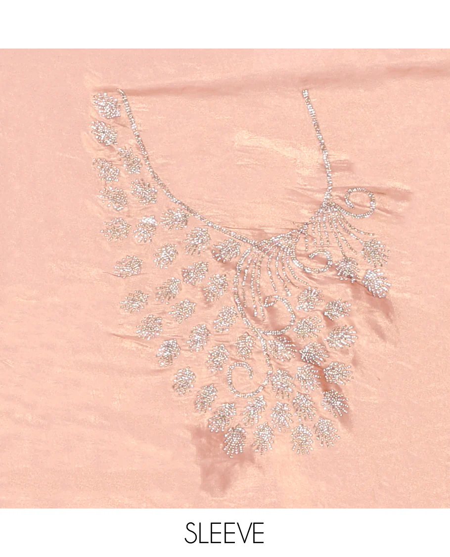 Rose Gold  Designer Saree, Gleamed up with Stone Struck All Over Its Body, Scallop Stone Embroidered Border, and Heavy Embroidered Matching Blouse - Image 5
