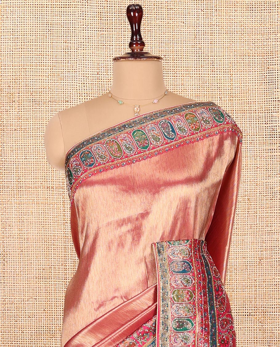 Rose Gold Dola Silk Saree, Sparsely Adorned with Chevron Design, Complemented by Contrast Mughal-Style Patterns Print and Embroidered Border, Intricately Designed Pallu, and Paired with a Matching Blouse - Image 2