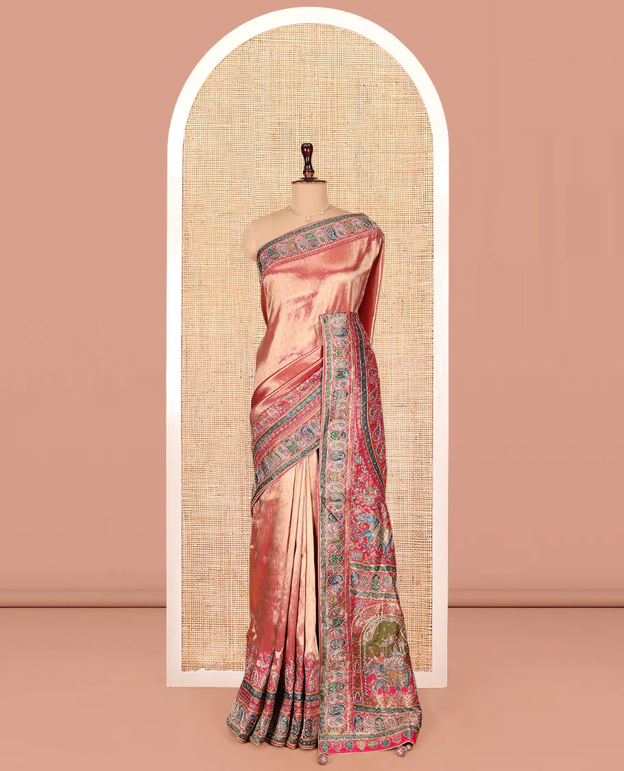 Rose Gold Dola Silk Saree, Sparsely Adorned with Chevron Design, Complemented by Contrast Mughal-Style Patterns Print and Embroidered Border, Intricately Designed Pallu, and Paired with a Matching Blouse - Image 3