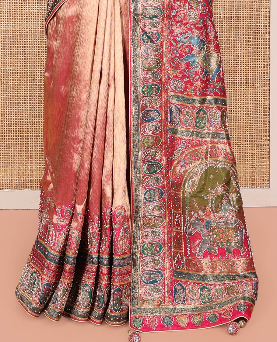 Rose Gold Dola Silk Saree, Sparsely Adorned with Chevron Design, Complemented by Contrast Mughal-Style Patterns Print and Embroidered Border, Intricately Designed Pallu, and Paired with a Matching Blouse - Image 4