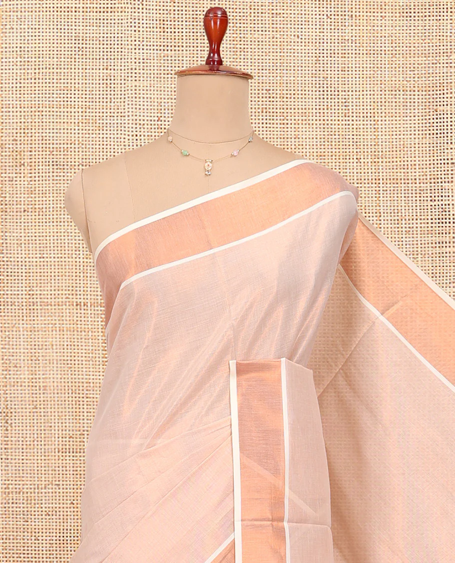 Rosegold Pink Plain Kerala Cotton Saree, a Zari Bavanji Border, a Self-Pallu, and Paired with a Matching Blouse - Image 2