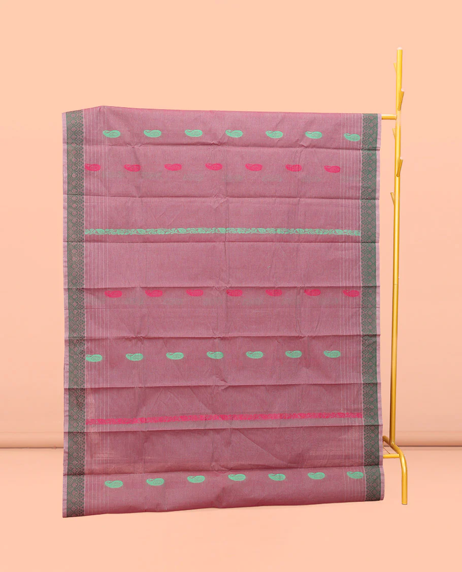 Rosewood Pink Kanchi Cotton Saree, Adorned with Thread Paisley Buttas All Over Its Body, a Subtle Self-Border, Pallu of Intricate Designs, and Paired with a Matching Blouse