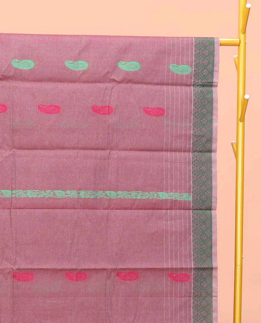 Rosewood Pink Kanchi Cotton Saree, Adorned with Thread Paisley Buttas All Over Its Body, a Subtle Self-Border, Pallu of Intricate Designs, and Paired with a Matching Blouse - Image 2