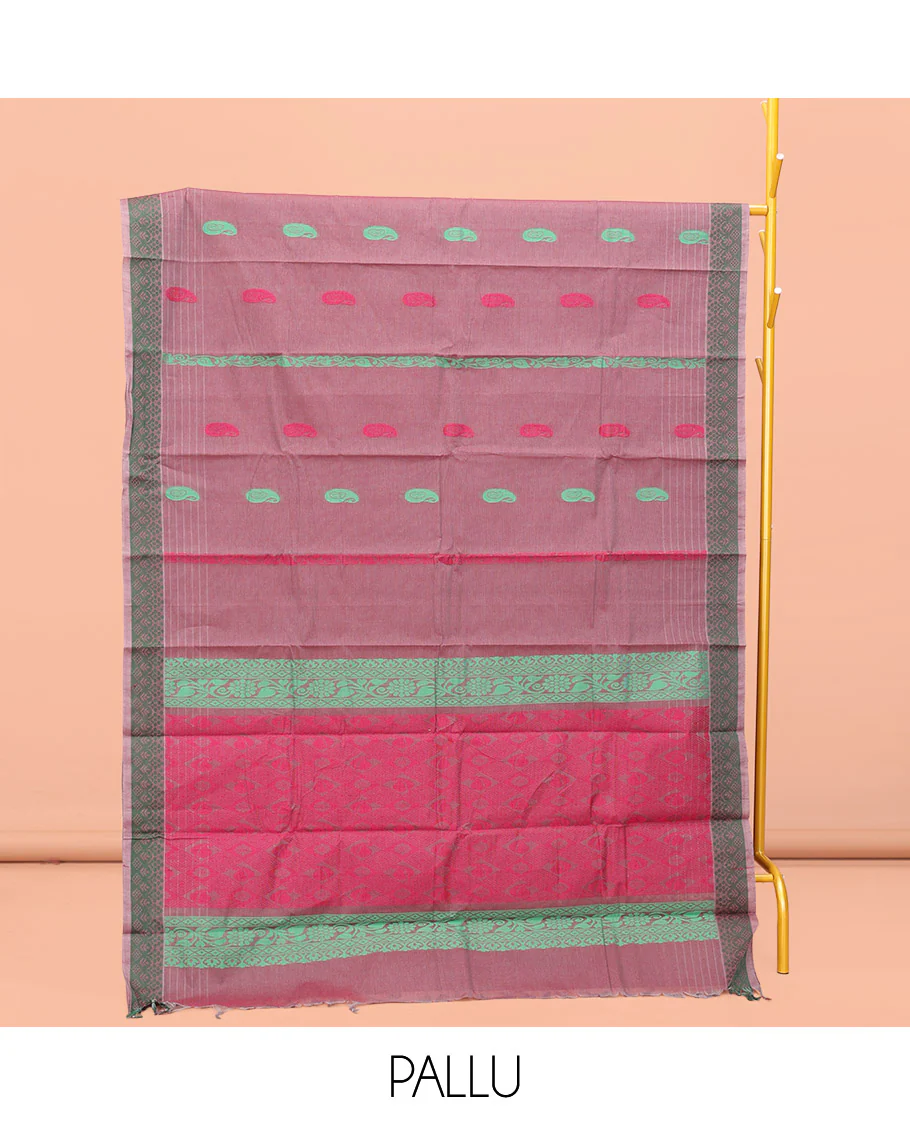 Rosewood Pink Kanchi Cotton Saree, Adorned with Thread Paisley Buttas All Over Its Body, a Subtle Self-Border, Pallu of Intricate Designs, and Paired with a Matching Blouse - Image 3