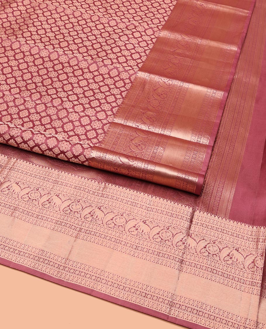Rosewood Pink Kanchipuram Wedding Silk Saree, Artfully Detailed with Jacquard on Its Body, Highlighted by a Zari Border of Thilakam, Kamalam, Round Mayil, and Yaanai Designs, Opulently Embellished Pallu, and Paired with a Matching Blouse - Image 2