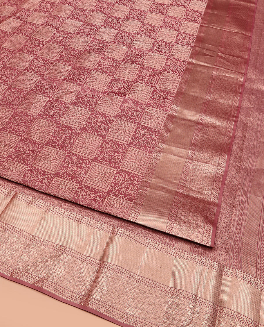 Rosewood Pink Kanchipuram Wedding Silk Saree Elegantly Adorned with Jacquard Designs, Highlighted with Zari Border of Thilakam, Muthu, and Scallop Designs, Majestically Detailed Pallu, and Paired with a Matching Blouse - Image 3