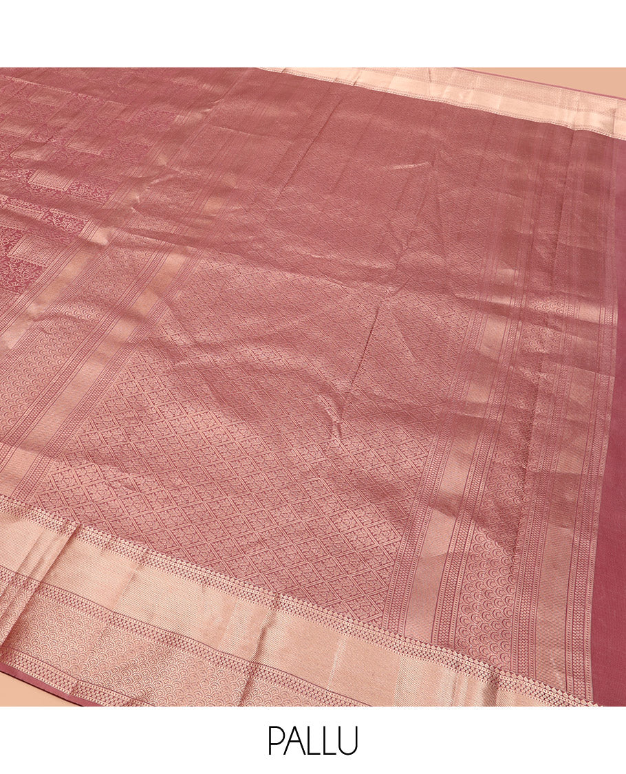 Rosewood Pink Kanchipuram Wedding Silk Saree Elegantly Adorned with Jacquard Designs, Highlighted with Zari Border of Thilakam, Muthu, and Scallop Designs, Majestically Detailed Pallu, and Paired with a Matching Blouse - Image 5