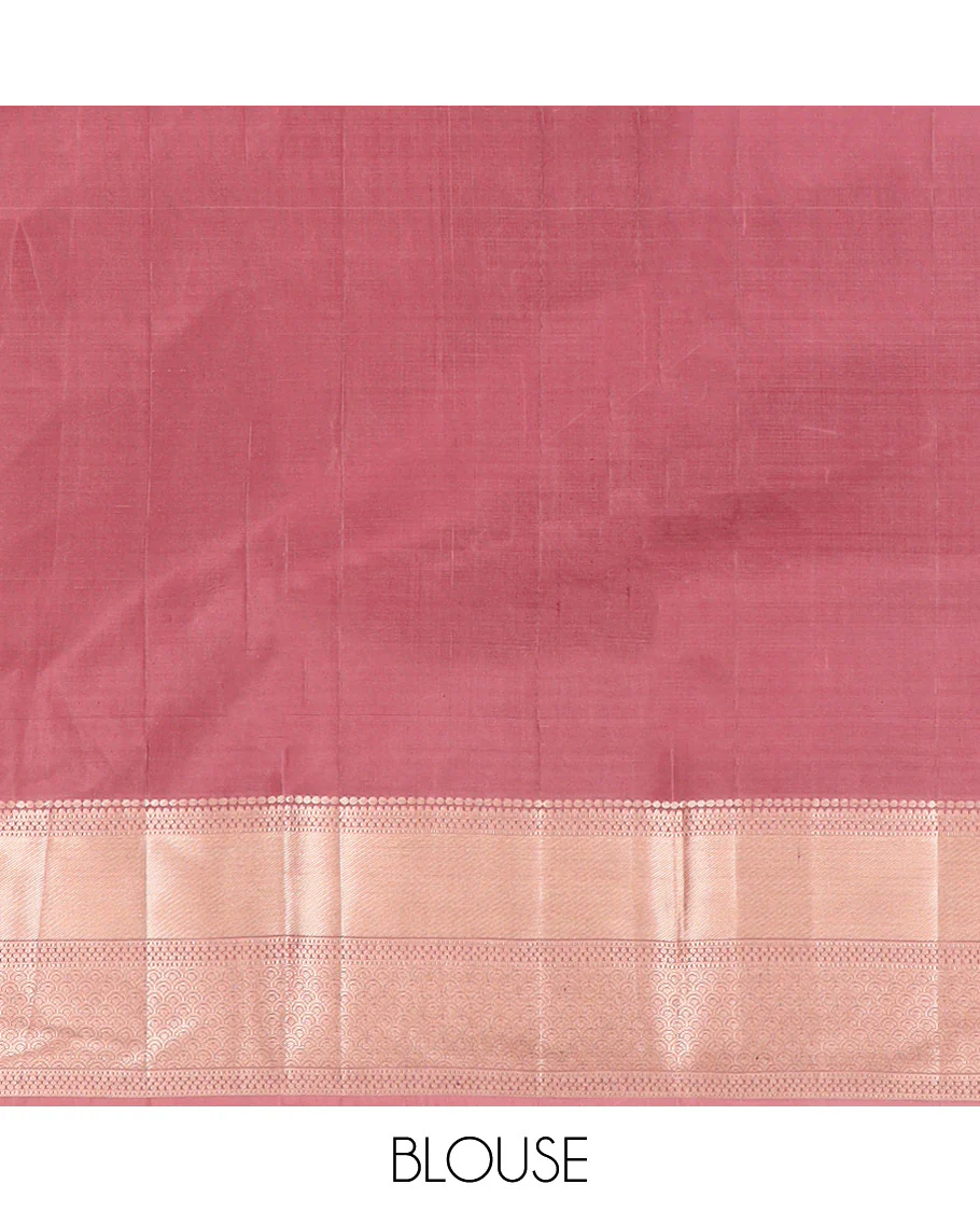 Rosewood Pink Kanchipuram Wedding Silk Saree Elegantly Adorned with Jacquard Designs, Highlighted with Zari Border of Thilakam, Muthu, and Scallop Designs, Majestically Detailed Pallu, and Paired with a Matching Blouse - Image 6