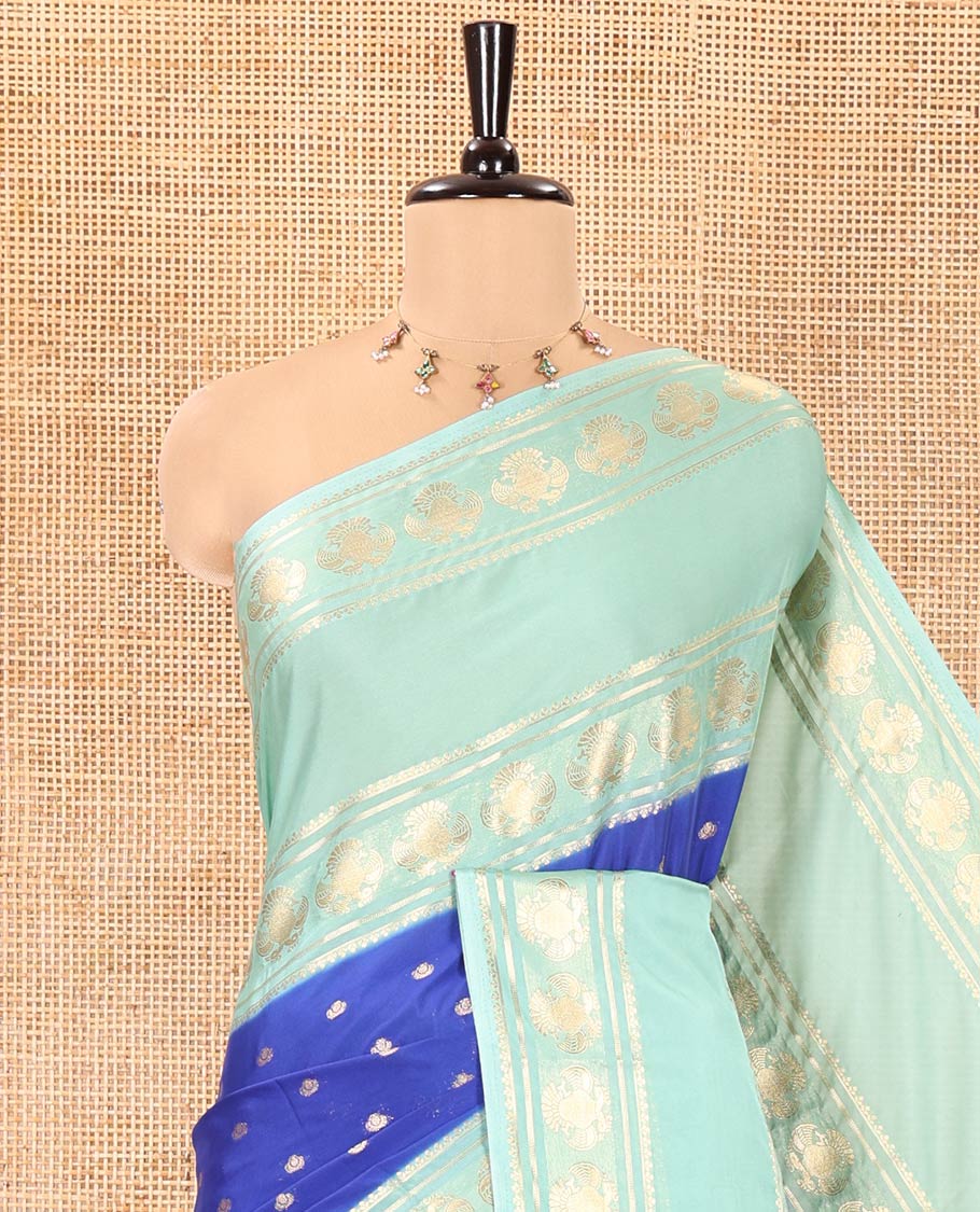 Royal Blue Art Mysore Silk Saree, Enriched with Zari Buttas All Over Its Body, Complemented by a Contrast Rettai Pettu Border of Two-Headed Eagle Designs, Pallu Steeped with Buttas and Stripes, and Paired with a Contrast Blouse - Image 2