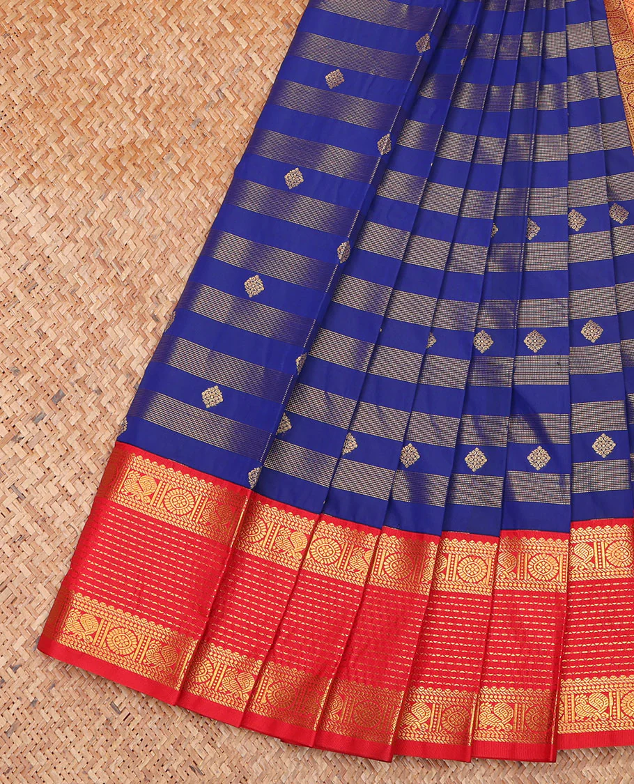 Royal Blue Budget Silk Saree, Elevated with Zari Buttas and Zari Stripes on Its Body, Complemented by a Contrast Traditional Zari Border of Peacock-Chakram Designs, Grand Jaal Pallu, and Paired with a Contrast Blouse