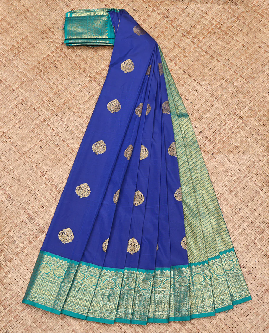 Royal Blue Budget Silk Saree, Embellished with Zari Buttas on Its Body, Complemented by a Contrast Traditional Zari Design Border, Grand Pallu, and Paired with a Contrast Blouse - Image 2