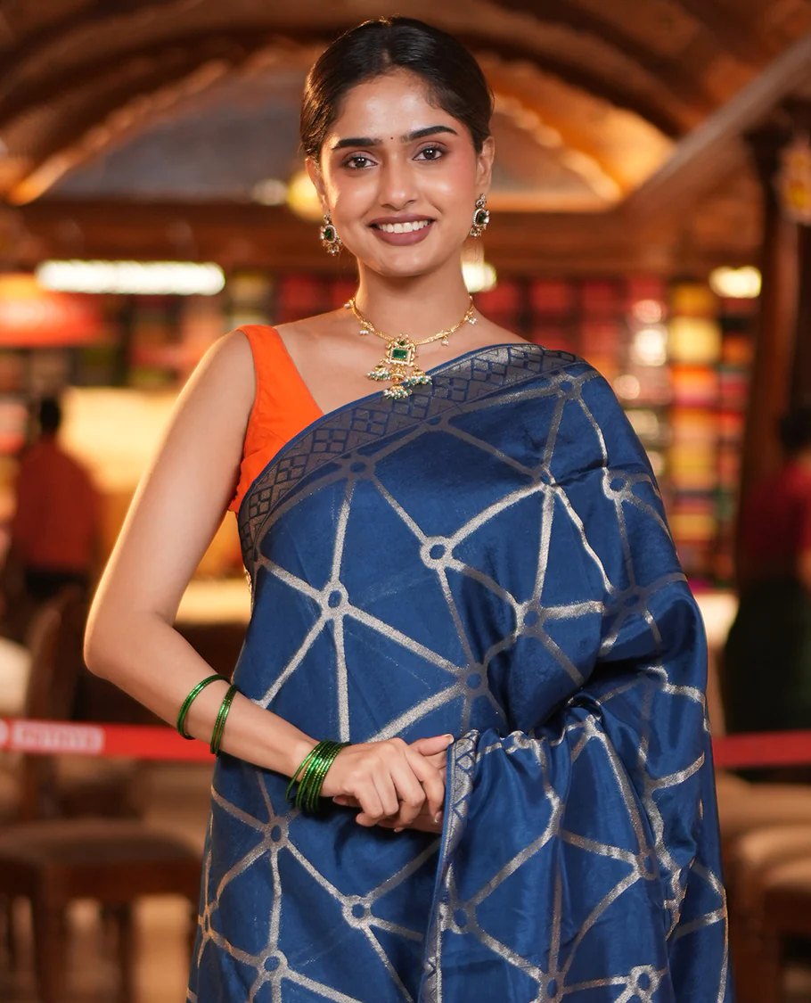 Royal Blue Chanderi Cotton Saree, Bedecked with Geometric Web-Patterns Weave On Its Body, Subtle Geometric Border, Pallu of Geometric Weave, and Paired with a Matching Blouse - Image 2