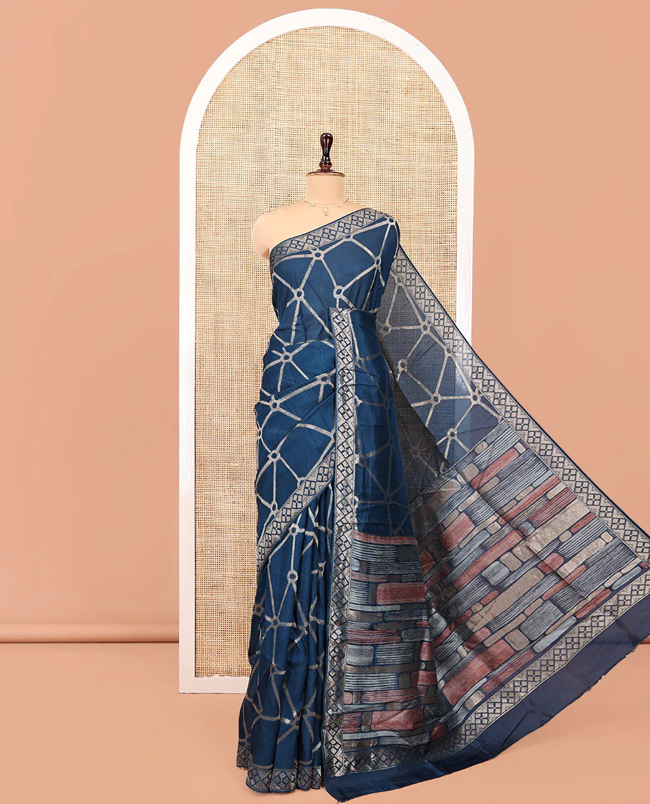 Royal Blue Chanderi Cotton Saree, Bedecked with Geometric Web-Patterns Weave On Its Body, Subtle Geometric Border, Pallu of Geometric Weave, and Paired with a Matching Blouse - Image 3