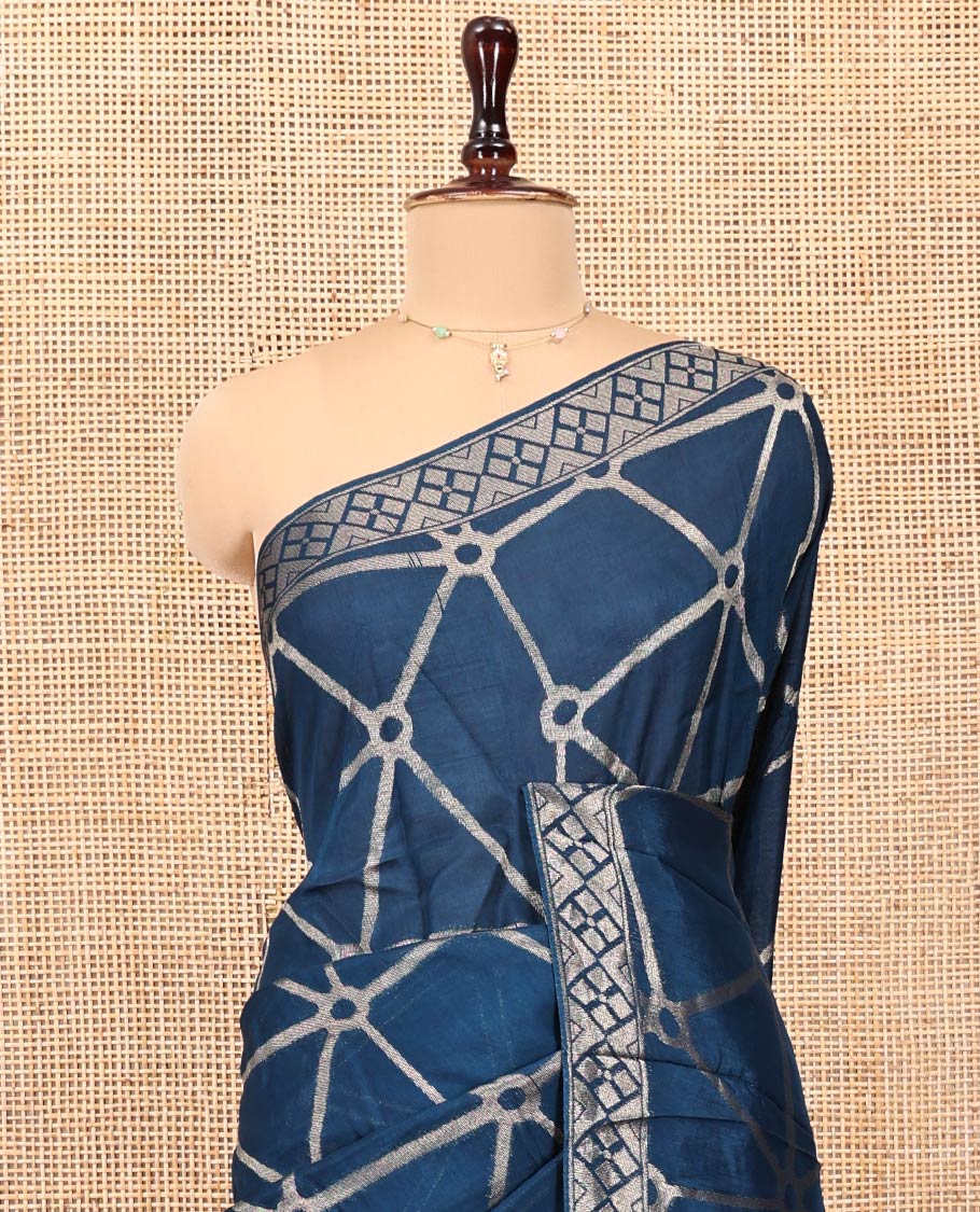 Royal Blue Chanderi Cotton Saree, Bedecked with Geometric Web-Patterns Weave On Its Body, Subtle Geometric Border, Pallu of Geometric Weave, and Paired with a Matching Blouse - Image 4