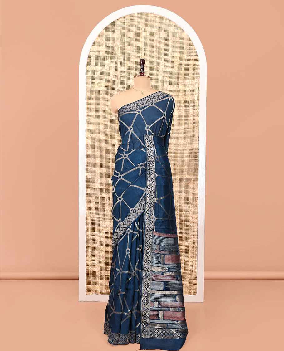 Royal Blue Chanderi Cotton Saree, Bedecked with Geometric Web-Patterns Weave On Its Body, Subtle Geometric Border, Pallu of Geometric Weave, and Paired with a Matching Blouse - Image 5