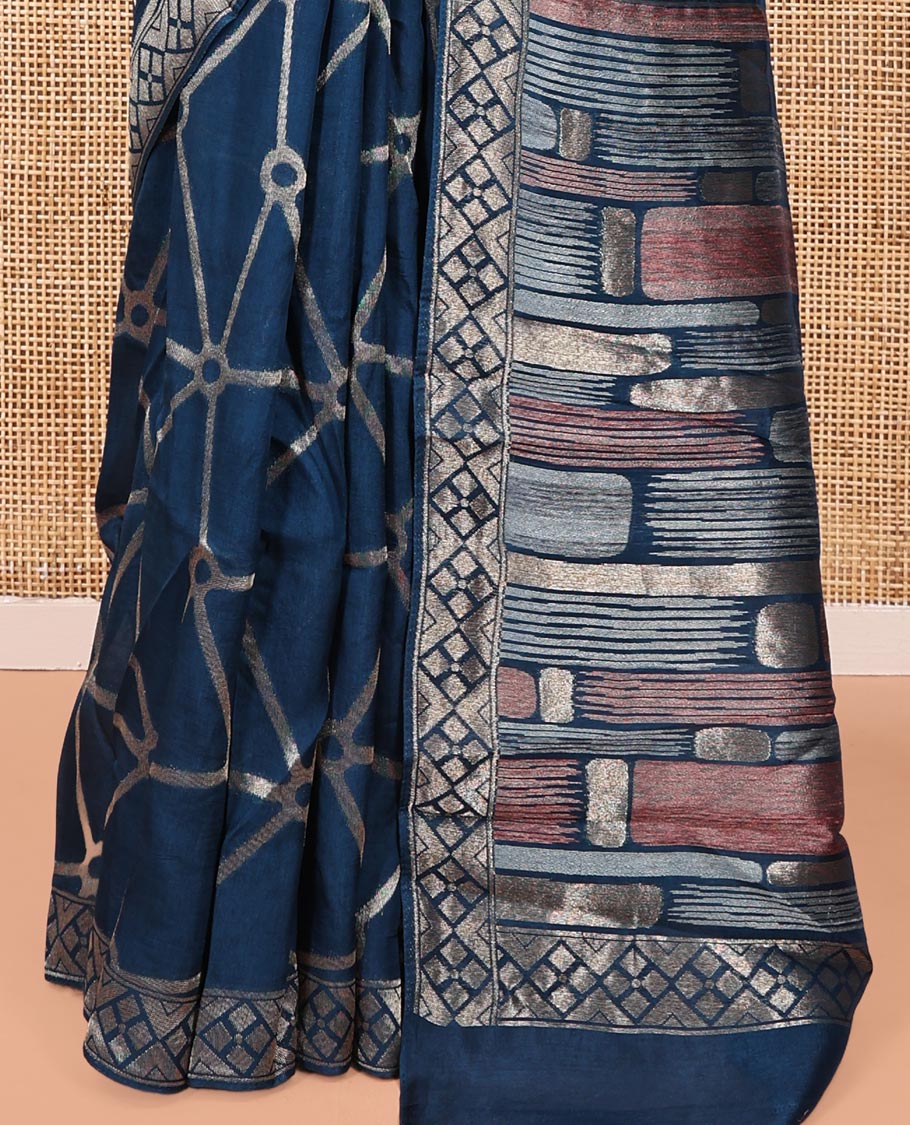 Royal Blue Chanderi Cotton Saree, Bedecked with Geometric Web-Patterns Weave On Its Body, Subtle Geometric Border, Pallu of Geometric Weave, and Paired with a Matching Blouse - Image 6
