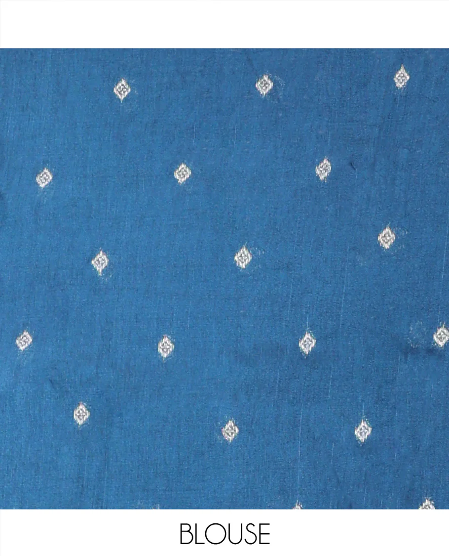 Royal Blue Chanderi Cotton Saree, Bedecked with Geometric Web-Patterns Weave On Its Body, Subtle Geometric Border, Pallu of Geometric Weave, and Paired with a Matching Blouse - Image 7