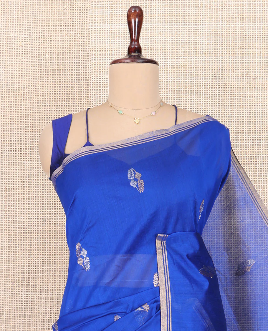 Royal Blue Chanderi Cotton Saree, Elevated with Buttas All Over Its Body, Highlighted by a Zari Piping Border, Pallu Steeped with Zari Designs, and Paired with a Matching Blouse - Image 2
