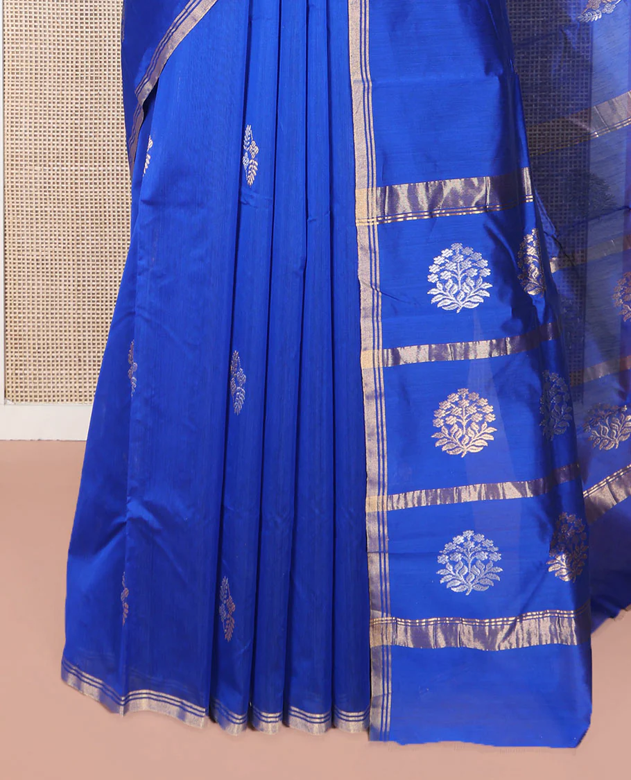Royal Blue Chanderi Cotton Saree, Elevated with Buttas All Over Its Body, Highlighted by a Zari Piping Border, Pallu Steeped with Zari Designs, and Paired with a Matching Blouse - Image 3