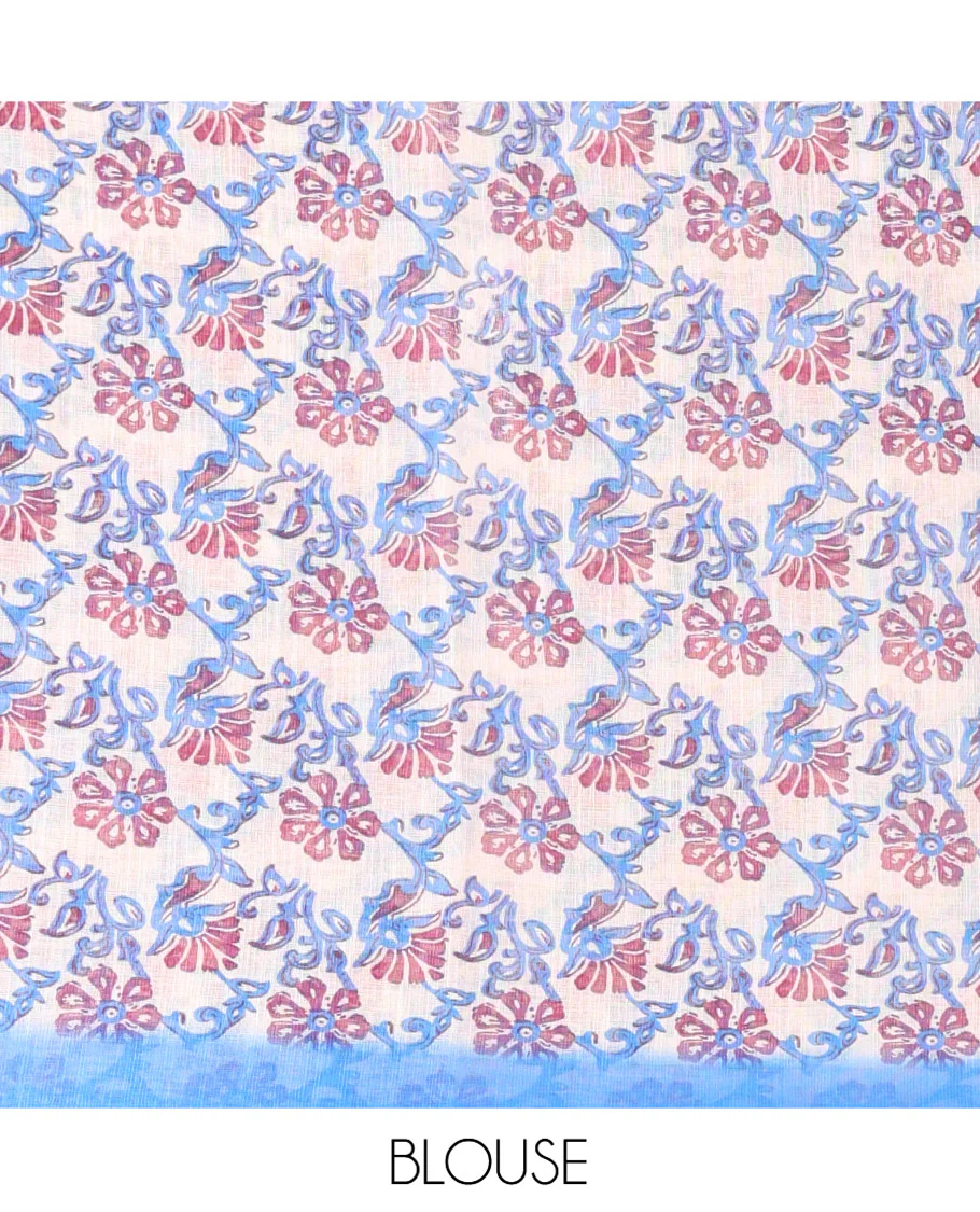Royal Blue Linen Cotton Saree, Bedecked with Shibori Printed on Its Body, Subtle Piping Border, Pallu of Floral Vine Print, and Paired with a Contrast Floral Vine Printed Blouse - Image 3