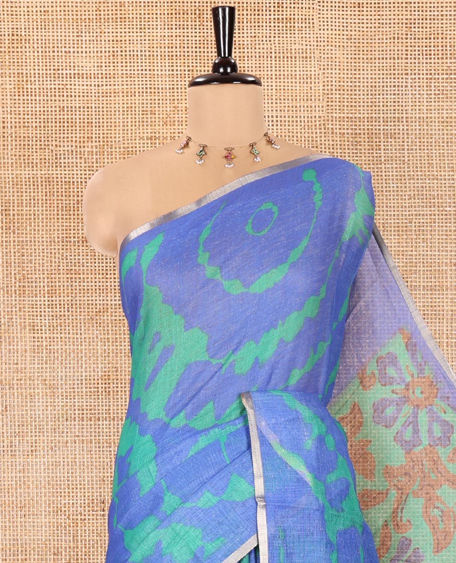 Royal Blue Linen Cotton Saree, Embellished with Shibori Printed on Its Body, Subtle Piping Border, Pallu Features Floral Print, and Paired with a Contrast Floral Printed Blouse - Image 2