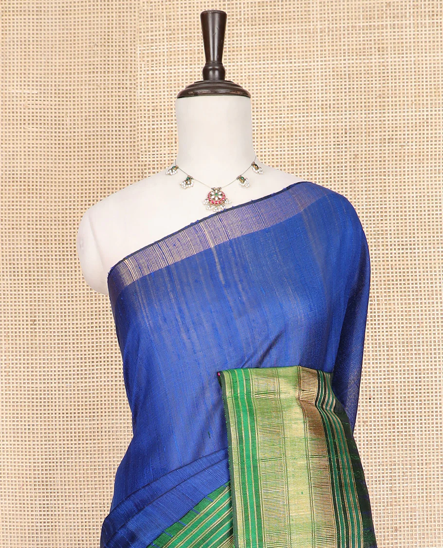 Royal Blue Plain Dupion Silk Saree, Elevated with a One-Sided Contrast Temple Border, Pallu Steeped with Zari Temple Designs, and Paired with a Contrast Blouse - Image 2