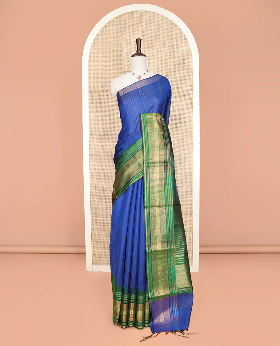 Royal Blue Plain Dupion Silk Saree, Elevated with a One-Sided Contrast Temple Border, Pallu Steeped with Zari Temple Designs, and Paired with a Contrast Blouse - Image 3