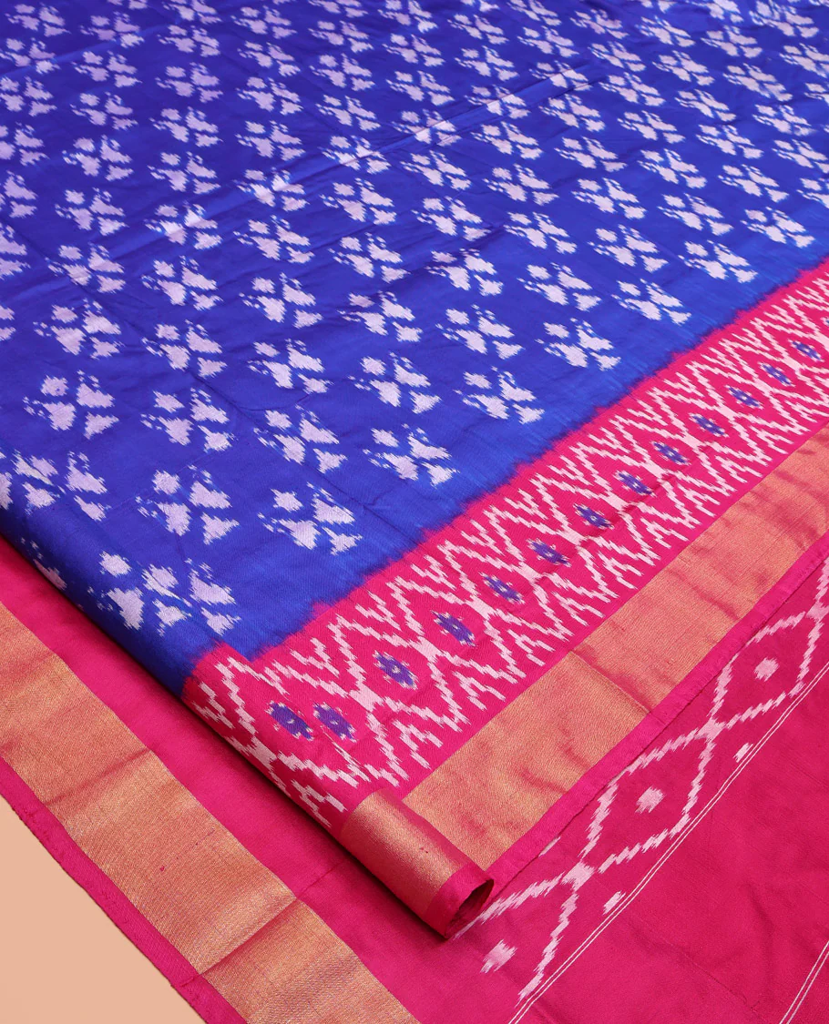 Royal Blue Pochampally Ikat Silk Saree, Adorned with Ikkat Buttas on Its Body, Complemented by a Contrast Ikkat-Style Woven Border, Pallu of Butta Enclosed Jaal Design, and Paired with a Contrast Blouse - Image 2